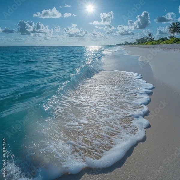 Fototapeta Ocean Wave Rolling Onto Sandy Beach with Bright Sun and Clouds