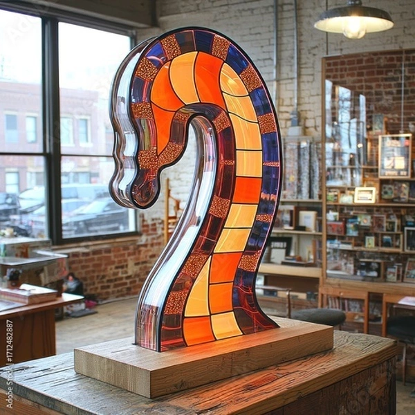 Fototapeta Stained Glass Art Sculpture on Wooden Stand, Indoor Studio Setting