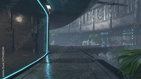 Fototapeta Science fiction fantasy environment with futuristic buildings build into rocky landscape. 3D rendered illustration.