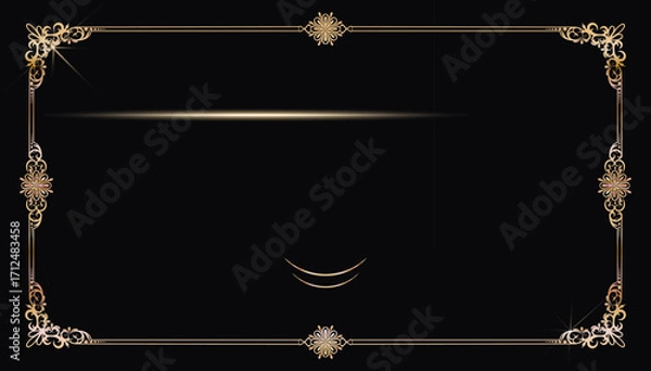 Fototapeta Elegant golden decorative frame with floral vintage ornaments and glowing accents on black background, perfect for invitations, greeting cards, menus, and certificates.