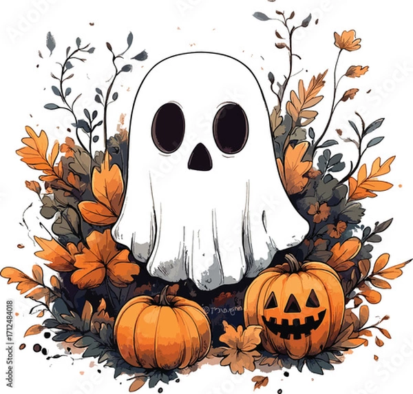 Fototapeta Cute Ghost with Pumpkins Illustration.