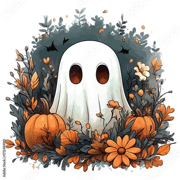 Fototapeta  Halloween Ghost with Autumn Leaves.