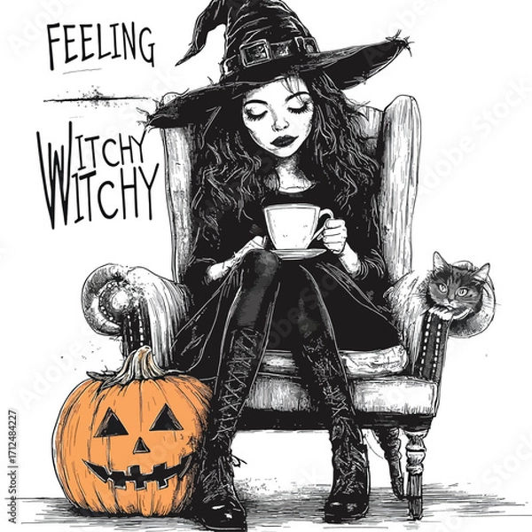 Fototapeta Halloween Witch Drinking Tea Artwork.