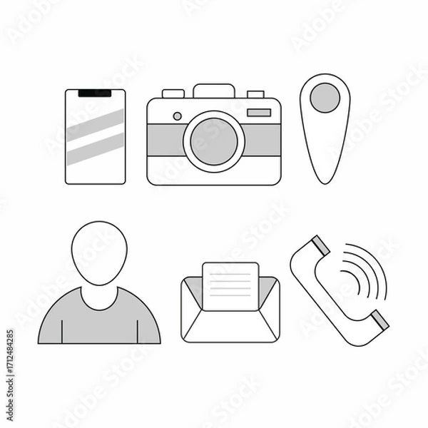 Obraz a set simple icon, smartphone, camera, location, people, mail, and phone