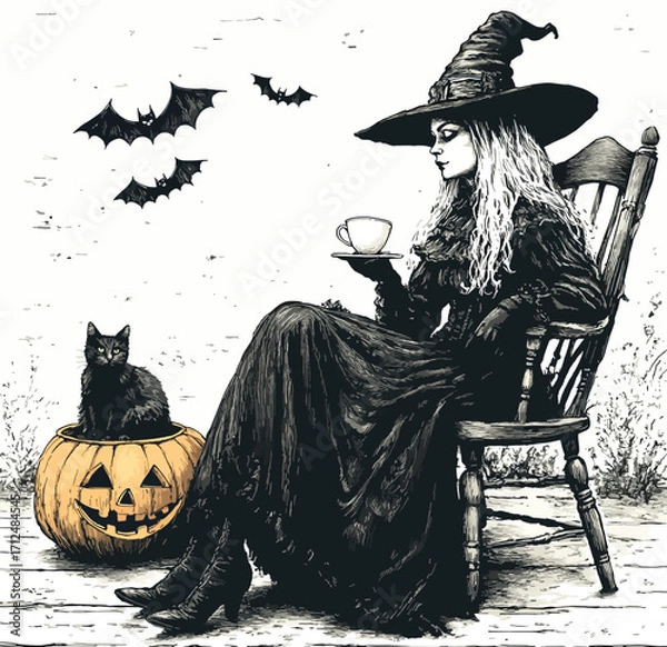 Fototapeta Witch with Pumpkin and Hot Drink.