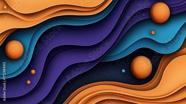 Fototapeta Abstract Cosmic Landscape Layered Wavy Forms in Orange, Purple and Blue