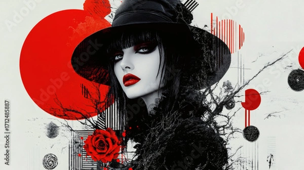 Fototapeta woman in black hat with red lips and rose, abstract collage with red circles on white