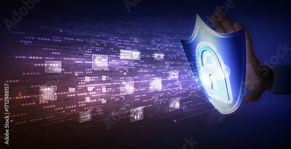 Obraz Cyber security concept with shield and padlock on blue background 3D rendering. Digital data protection in glassmorphism style.