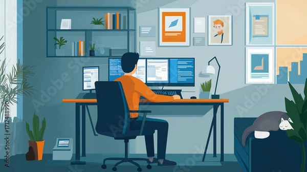 Fototapeta Modern flat design illustration of a man working from home at a desk with multiple monitors, plants, and wall art, while a cat rests on a couch. Concept of remote work, productivity, and lifestyle.