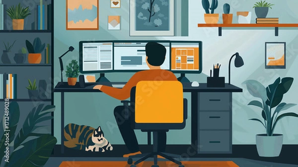 Fototapeta Modern flat design illustration of a man working from home at a desk with multiple monitors, plants, and wall art, while a cat rests on a couch. Concept of remote work, productivity, and lifestyle.