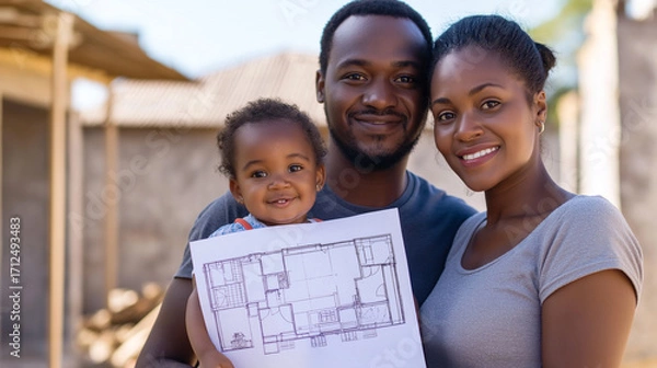 Fototapeta Smiling family with a child holding a house plan at a construction site. Concept of new home building, architecture, family dreams, real estate investment, housing development, and future planning.