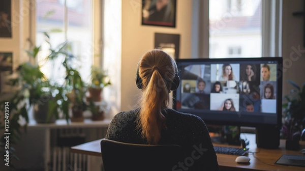 Fototapeta Rear view of a woman with headphones participating in an online group meeting at home. Multiple participants appear on the computer screen. Concept of remote work, virtual collaboration