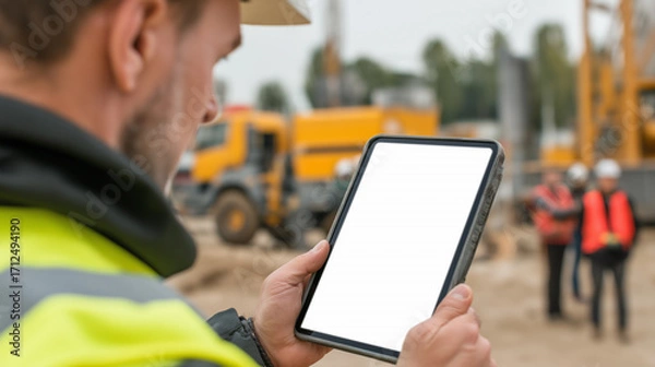Fototapeta Construction worker in safety vest and helmet using a tablet for project management at a building site. Concept of digital construction, smart technology, and modern engineering solutions.