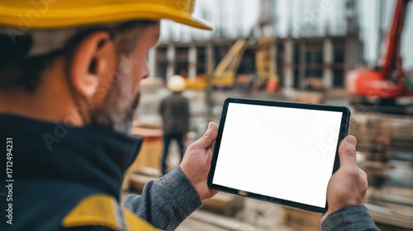 Fototapeta Construction worker in safety vest and helmet using a tablet for project management at a building site. Concept of digital construction, smart technology, and modern engineering solutions.