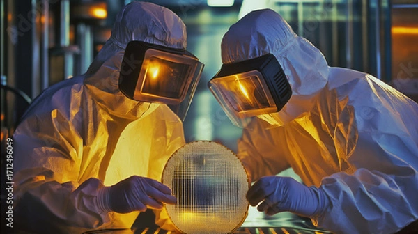 Fototapeta Two scientists wearing yellow cleanroom suits and protective gear closely examine a glowing semiconductor wafer in a high-tech laboratory. Symbol of microchip manufacturing, nanotechnology