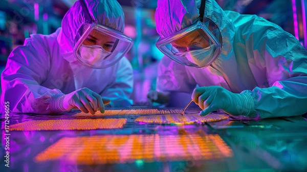 Fototapeta Two scientists wearing yellow cleanroom suits and protective gear closely examine a glowing semiconductor wafer in a high-tech laboratory. Symbol of microchip manufacturing, nanotechnology