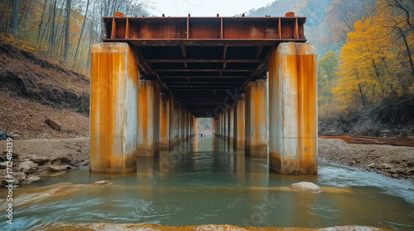 Fototapeta View under a rusty steel and concrete bridge with water flowing beneath, surrounded by colorful autumn forest. Industrial structure, corrosion, engineering, and nature contrast in one composition.