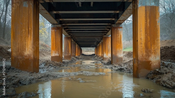 Fototapeta View under a rusty steel and concrete bridge with water flowing beneath, surrounded by colorful autumn forest. Industrial structure, corrosion, engineering, and nature contrast in one composition.