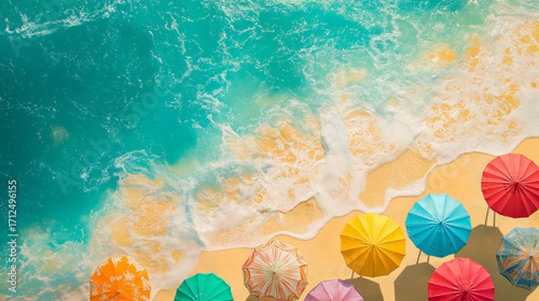 Fototapeta Aerial view of colorful beach umbrellas on golden sand with turquoise ocean waves rolling in. Vibrant summer holiday scene capturing the beauty of tropical beaches, relaxation,