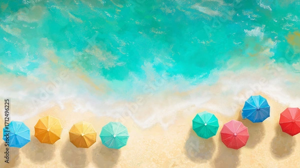 Fototapeta Aerial view of colorful beach umbrellas on golden sand with turquoise ocean waves rolling in. Vibrant summer holiday scene capturing the beauty of tropical beaches, relaxation,