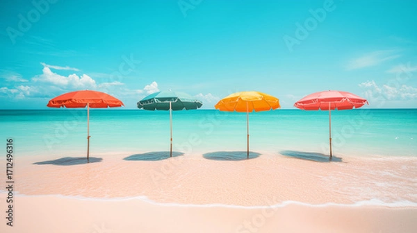 Fototapeta Vibrant summer beach scene with pink and blue umbrellas on sandy shore beside turquoise ocean waves. Bright blue sky with fluffy clouds creates a relaxing holiday, vacation, and travel atmosphere.