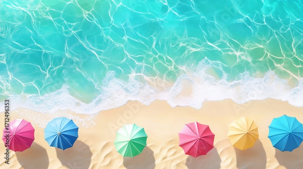 Fototapeta Top view of a tropical beach with colorful umbrellas lined along golden sand as turquoise waves wash ashore. Vibrant summer holiday scene symbolizing travel, relaxation, and vacation vibes.