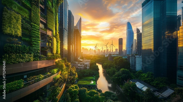Fototapeta Modern eco-friendly city skyline with vertical gardens, smart buildings, and wind turbines at sunset. A vision of sustainable urban living powered by renewable energy and green innovation.