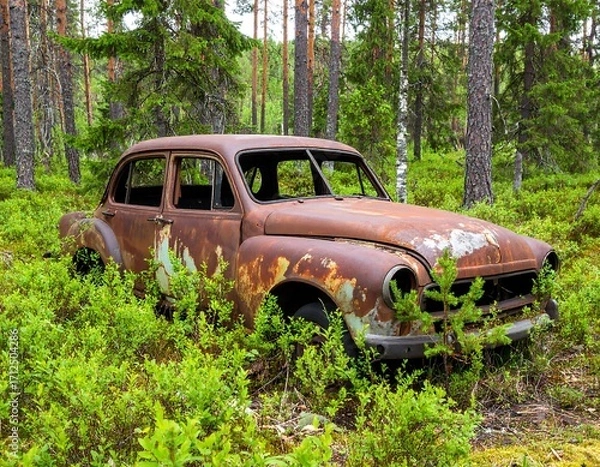 Obraz Rusty car abandoned in a forest