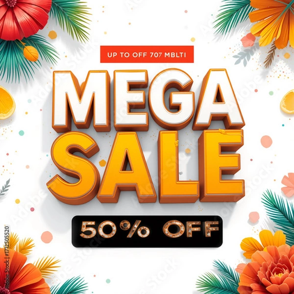 Obraz "Mega Sale" advertisement with orange and white text, surrounded by colorful floral decorations and a "50% off" sign.