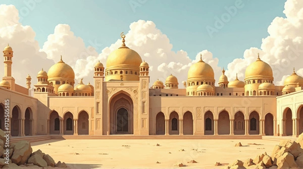 Fototapeta Ornate golden domed mosque with arched doorways and courtyard under a bright, cloudy sky.