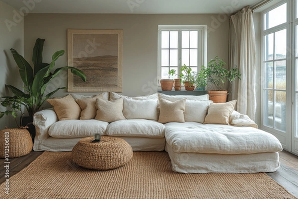 Obraz "Large white couch with pillows."