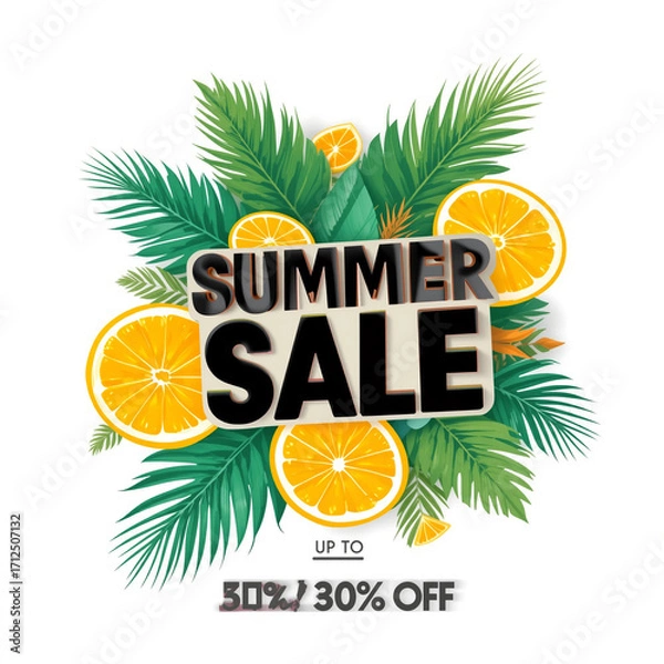 Obraz Summer sale graphic design featuring tropical leaves and orange slices.