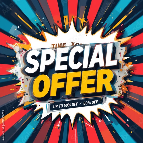 Obraz Dynamic special offer announcement with vibrant colors and comic book style burst.