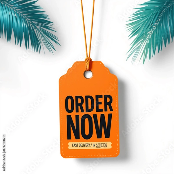 Obraz An orange tag with "ORDER NOW" text, hanging against a white background, with palm leaves.