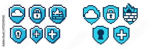 Fototapeta Modern pixel art icons featuring security and cloud technology symbols in blue tones on a digital background