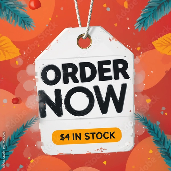 Obraz A white tag with "Order Now" text, "$4 in stock" text, on an orange background with leaves and berries.