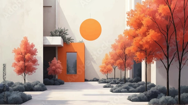 Fototapeta Modern architectural design with vibrant autumnal trees and a bright orange door.