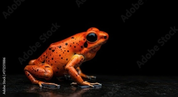 Fototapeta Vibrant Orange Frog with Dark Spots on Black Background
