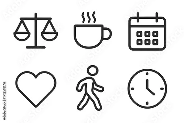 Fototapeta Work life balance concept icons. Line art set for daily routine, time management, healthy lifestyle. Vector symbols of schedule, coffee, exercise, love, justice, and time.