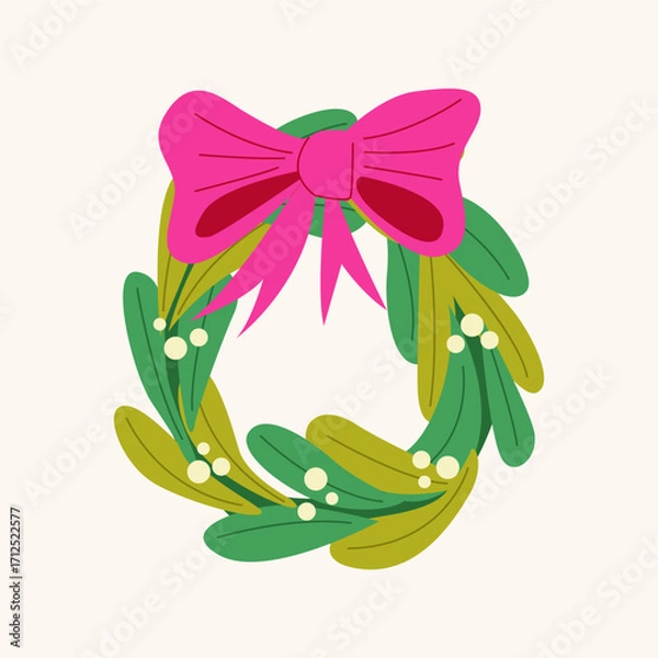 Fototapeta Xmas Wreath with Coquette Bow and Berry. Merry Christmas and New Year Clip Art. Flat Vector Illustration.