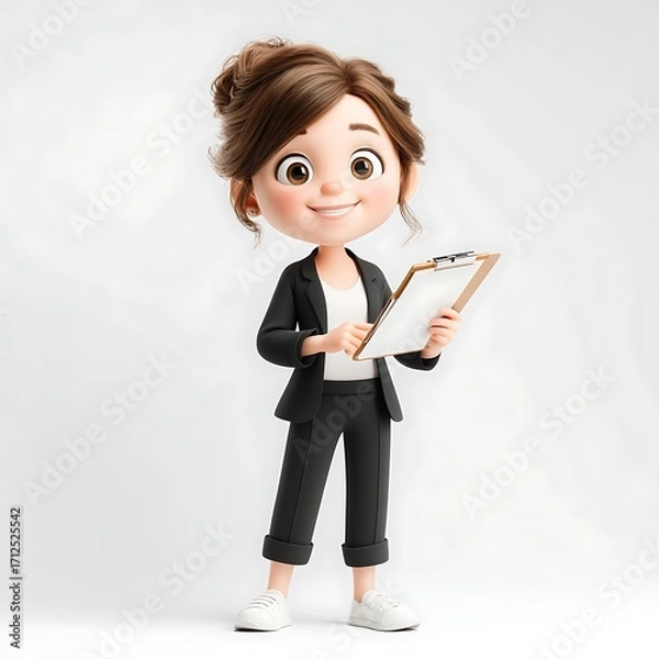 Fototapeta Business Cartoon Character: A confident cartoon businesswoman holding a clipboard, she's ready for success with a cheerful attitude and professional attire.