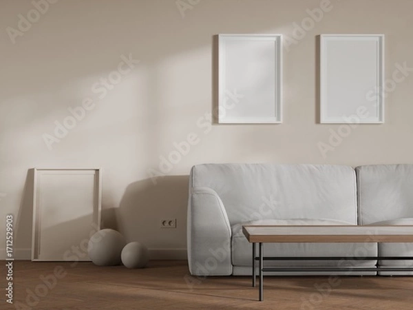 Fototapeta Contemporary Minimalist Living Room with Two Frames and Decorative Spheres
