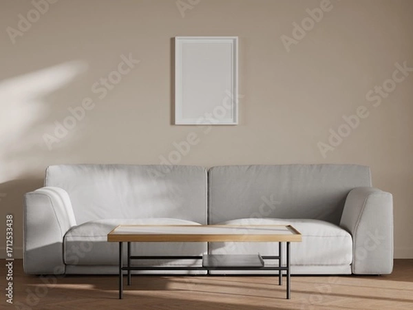 Fototapeta Modern Minimalist Living Room with Single Vertical Frame Above Sofa