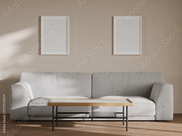 Fototapeta Minimalist Living Room Interior with Two Vertical Frames Above Sofa