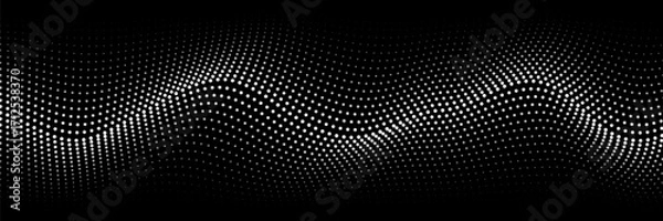 Fototapeta Flowing dots particles wave pattern halftone gradient curve shape isolated on white background. Vector in concept of technology, science, music