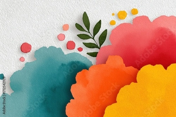 Fototapeta Abstract watercolor splashes with organic leaves on textured paper