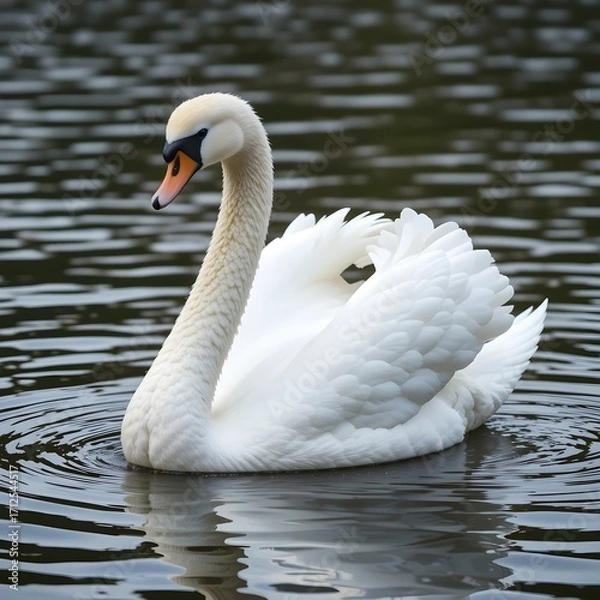 Fototapeta A graceful white swan resting calmly on the river surface, soft water ripples, natural background, elegant posture, ultra realistic, stock photo style