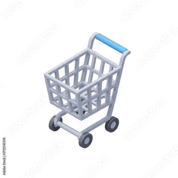 Fototapeta Isometric 3D pastel gray supermarket trolley icon with wire basket and simplified wheels in toy like matte textures isolated on white