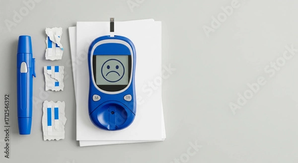 Fototapeta A blood glucose monitor showing a sad face, next to a lancet and test strips. Diabetes, blood sugar management, health, medical, and illness concepts.