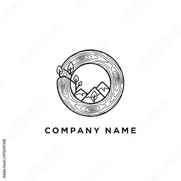 Fototapeta Minimalist Wood Grain Circle Logo with Mountain and Tree Design.
